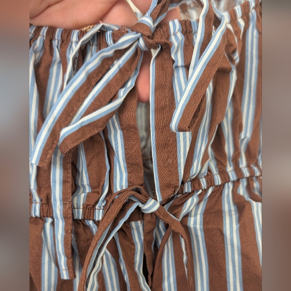 NWOT Brown & Blue Striped Tie Front Babydoll Blouse S - Picture 2 of 8